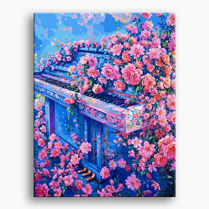 A vibrant painting of a piano surrounded by colorful flowers, creating a harmonious blend of music and nature.