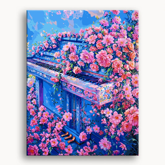 A vibrant painting of a piano surrounded by colorful flowers, creating a harmonious blend of music and nature.