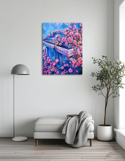 A vibrant painting of a piano surrounded by colorful flowers, creating a harmonious blend of music and nature.
