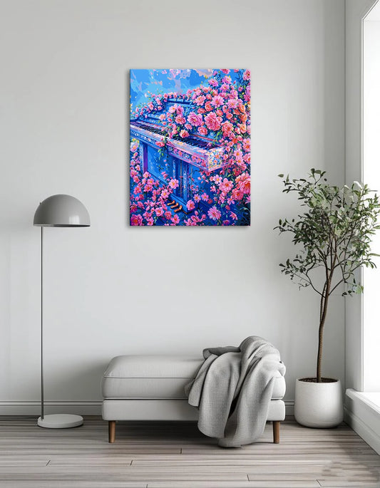A vibrant painting of a piano surrounded by colorful flowers, creating a harmonious blend of music and nature.