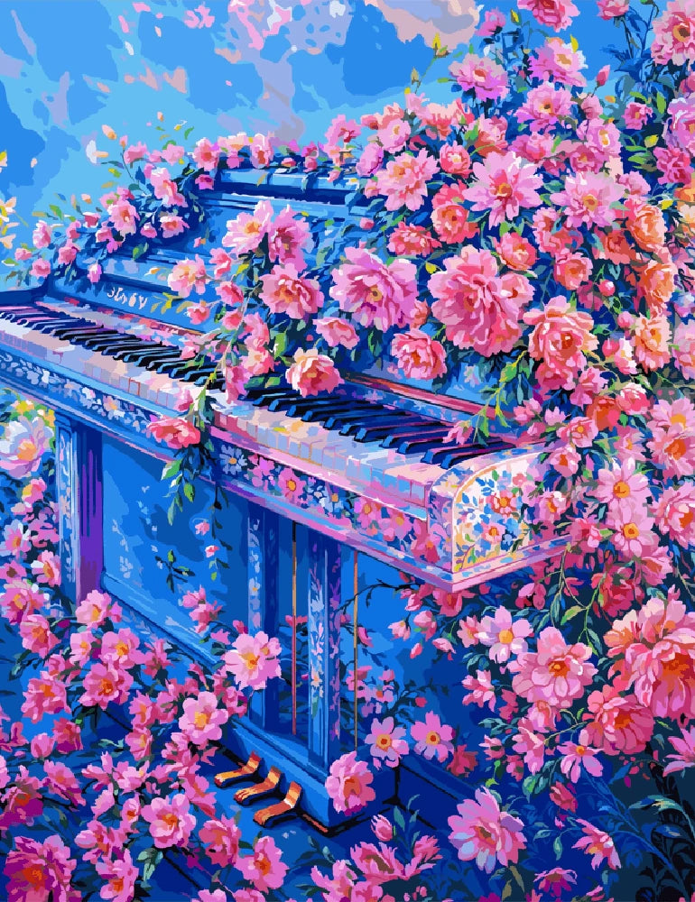 A vibrant painting of a piano surrounded by colorful flowers, creating a harmonious blend of music and nature.