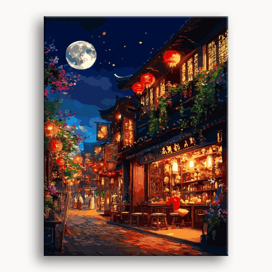 A painting depicting a street scene illuminated by a bright moon in the night sky.