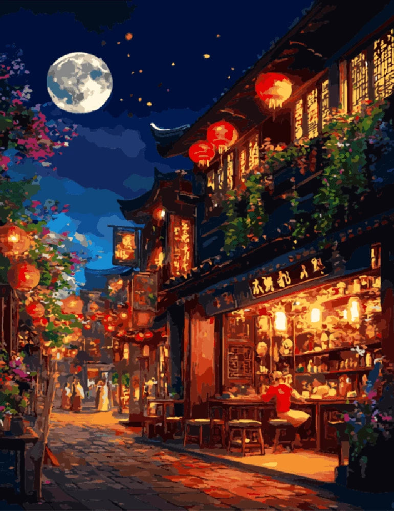 A painting depicting a street scene illuminated by a bright moon in the night sky.