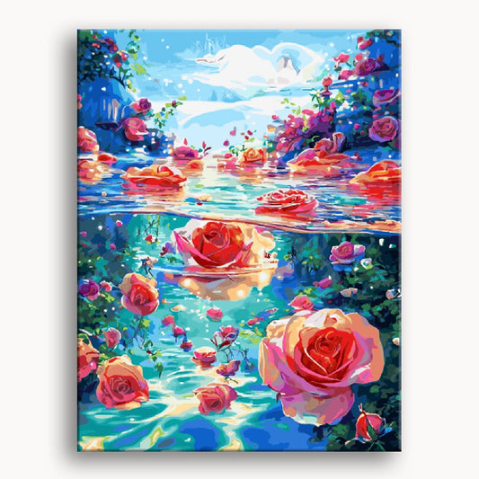 A serene painting of vibrant roses gently floating on calm water, creating a peaceful and tranquil scene.