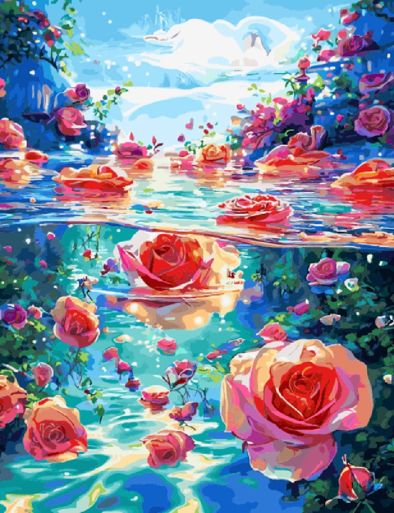 A serene painting of vibrant roses gently floating on calm water, creating a peaceful and tranquil scene.