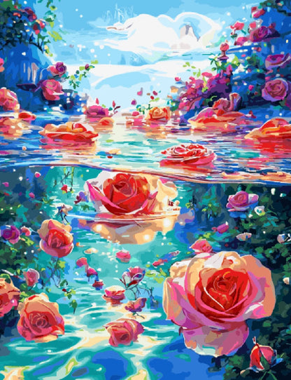 A serene painting of vibrant roses gently floating on calm water, creating a peaceful and tranquil scene.