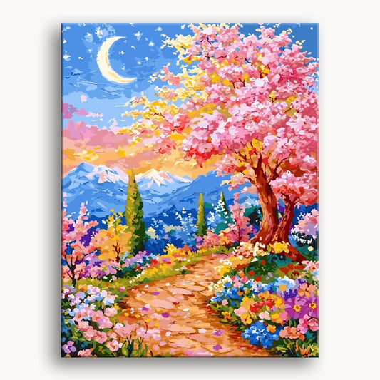 A painting depicting a tree adorned with flowers under a glowing moon in a serene night sky.