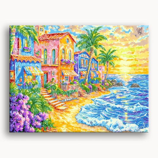 A vibrant painting of a beach scene featuring houses, palm trees, and gentle waves under a clear blue sky.