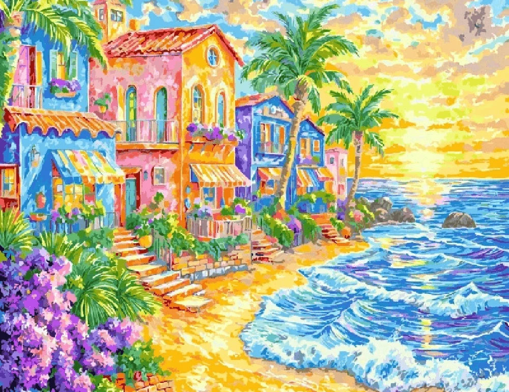 A vibrant painting of a beach scene featuring houses, palm trees, and gentle waves under a clear blue sky.