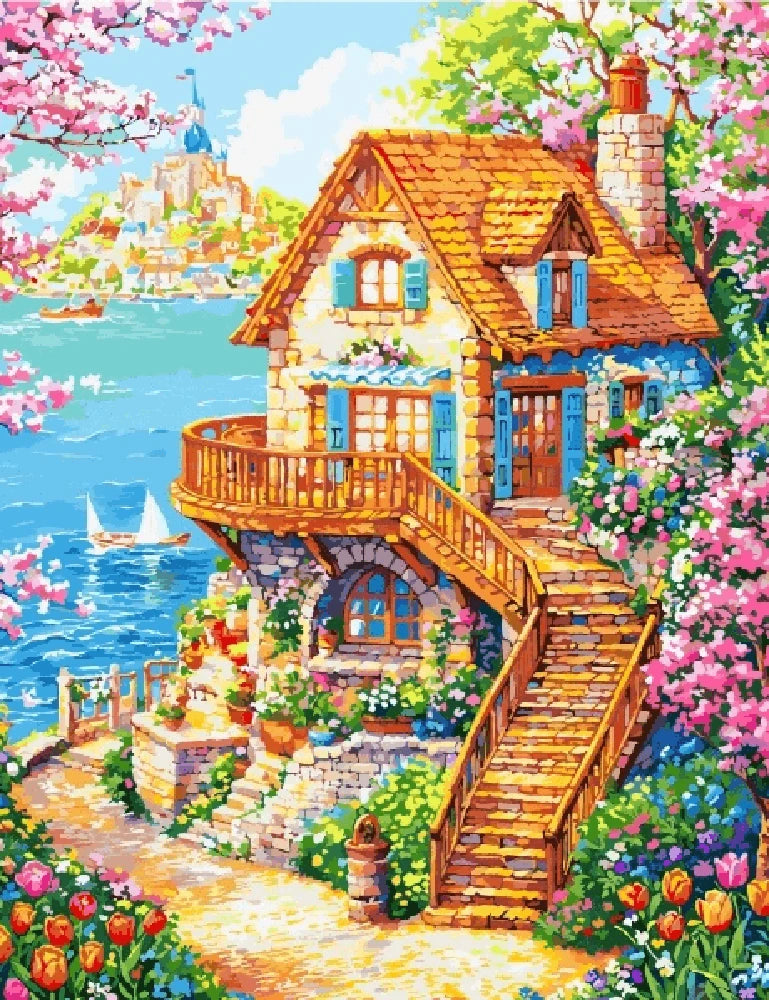 A painting depicting a house by the water, surrounded by vibrant flowers and lush trees.
