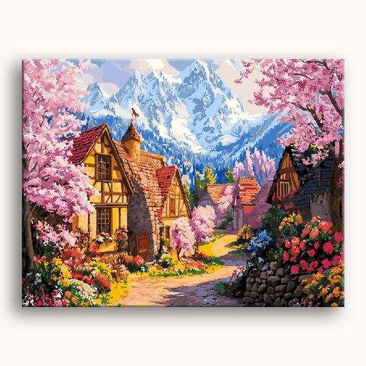 A vibrant painting depicting a village surrounded by colorful flowers and lush green trees.