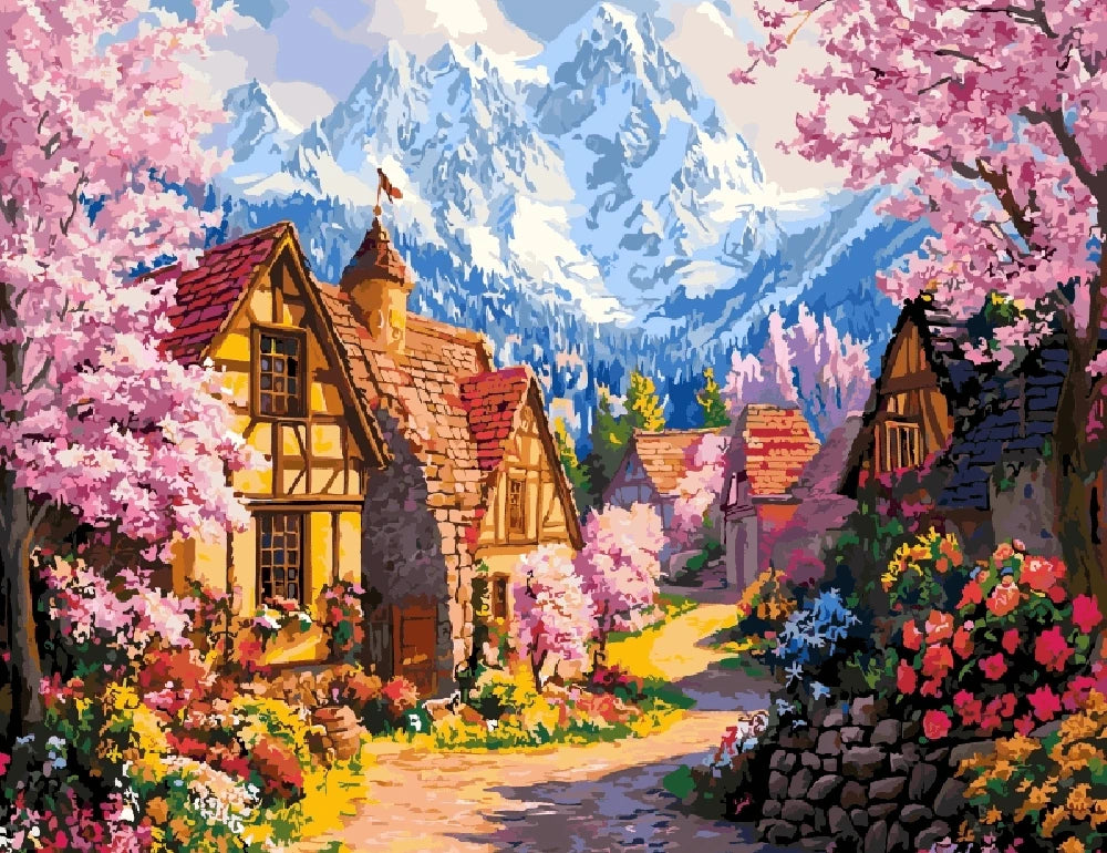 A vibrant painting depicting a village surrounded by colorful flowers and lush green trees.