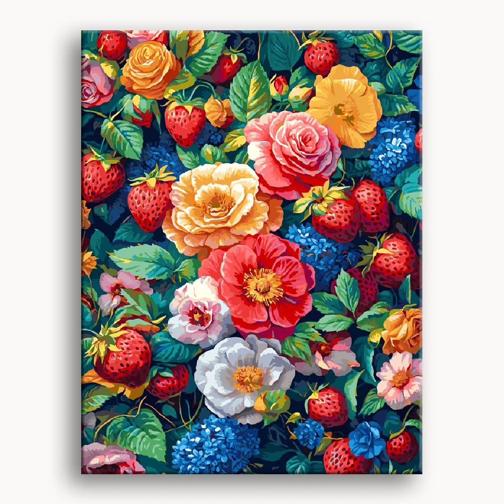 A vibrant painting featuring a bouquet of flowers alongside ripe strawberries on a textured background.