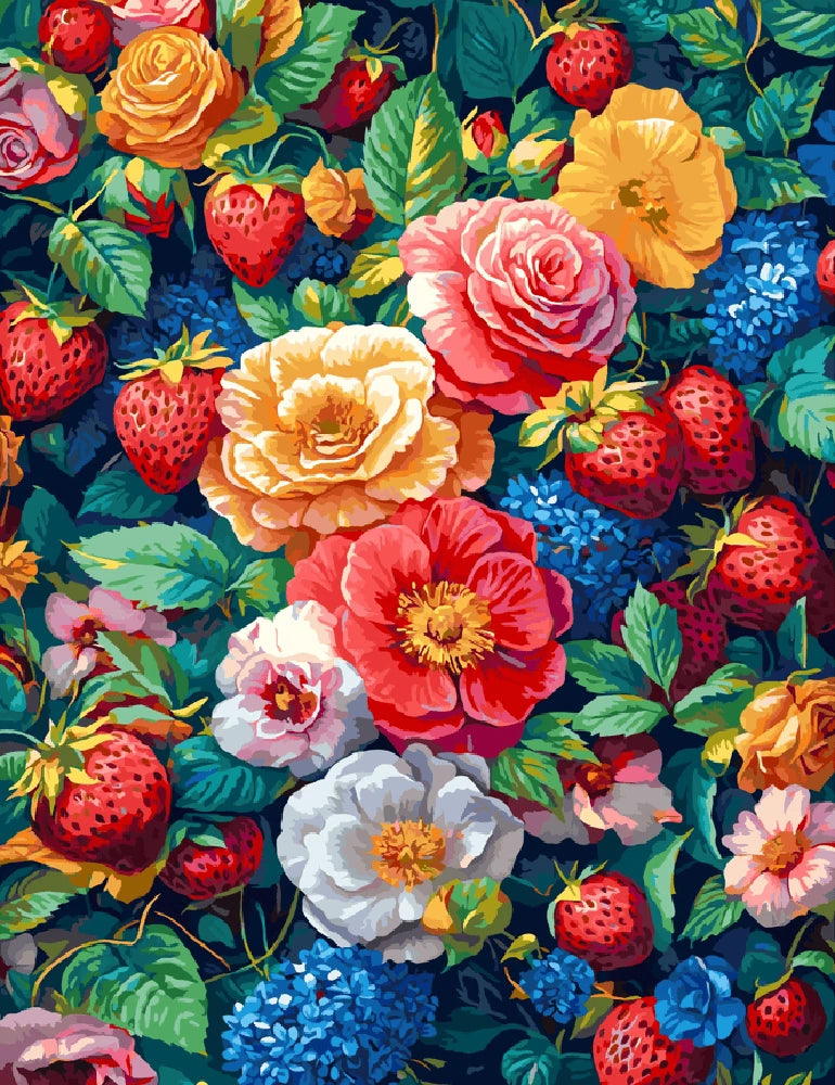 A vibrant painting featuring a bouquet of flowers alongside ripe strawberries on a textured background.