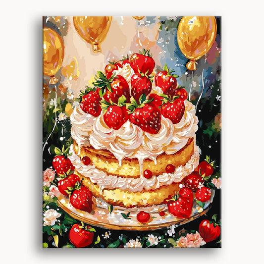A colorful painting of a cake topped with strawberries, surrounded by festive balloons.