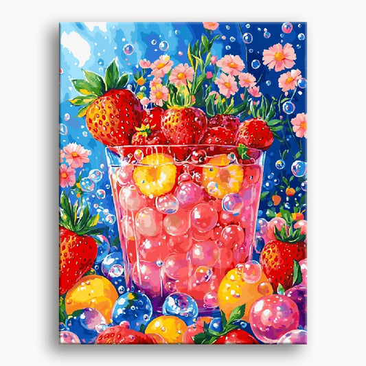 A vibrant painting featuring ripe strawberries surrounded by whimsical bubbles against a soft background.