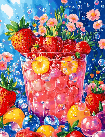 A vibrant painting featuring ripe strawberries surrounded by whimsical bubbles against a soft background.