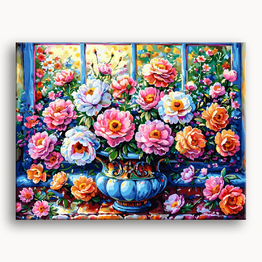 A painting depicting a vase of colorful flowers on a sunlit window sill, enhancing the serene indoor atmosphere.