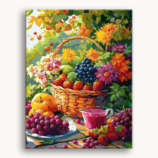 A vibrant painting of assorted fruit and berries arranged on a rustic table.
