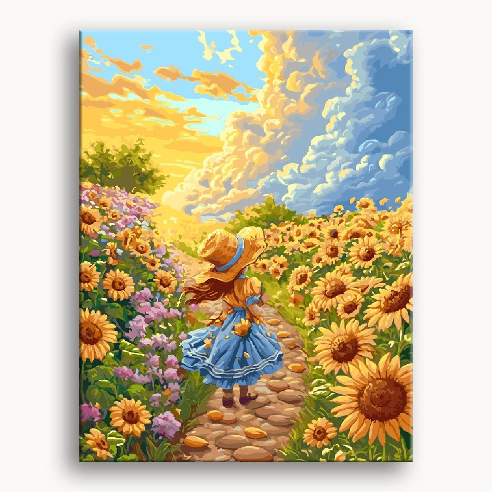 A girl walks through a vibrant field of sunflowers, surrounded by bright yellow blooms under a clear blue sky.
