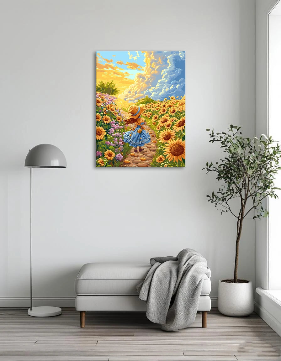 A girl walks through a vibrant field of sunflowers, surrounded by bright yellow blooms under a clear blue sky.