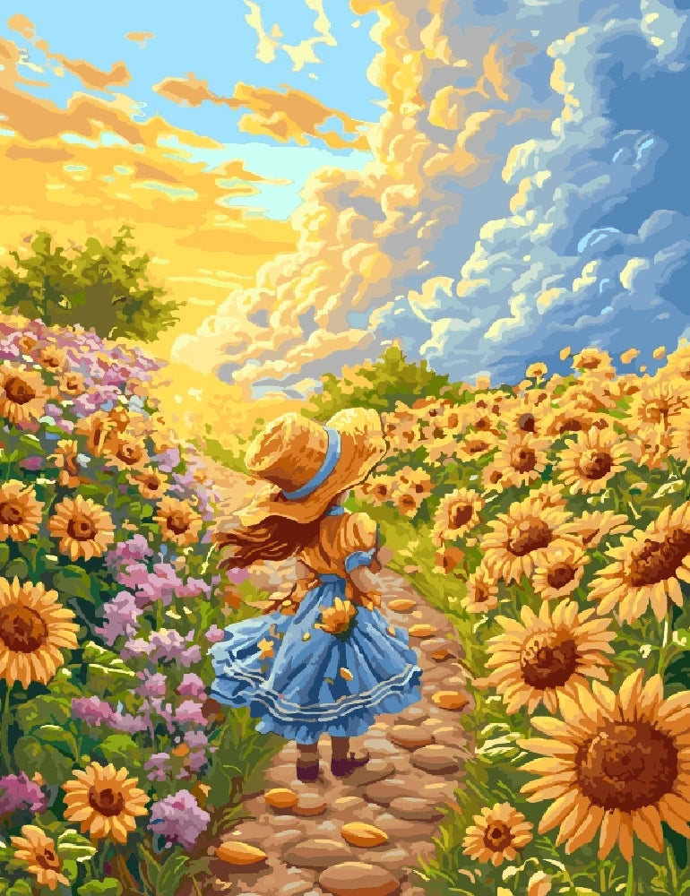 A girl walks through a vibrant field of sunflowers, surrounded by bright yellow blooms under a clear blue sky.
