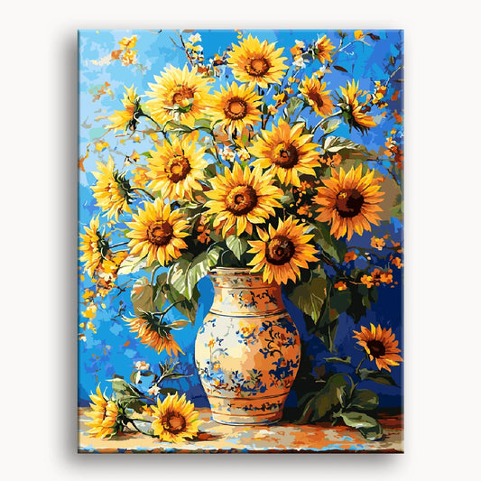 A vibrant painting of a vase filled with bright yellow sunflowers against a soft background.