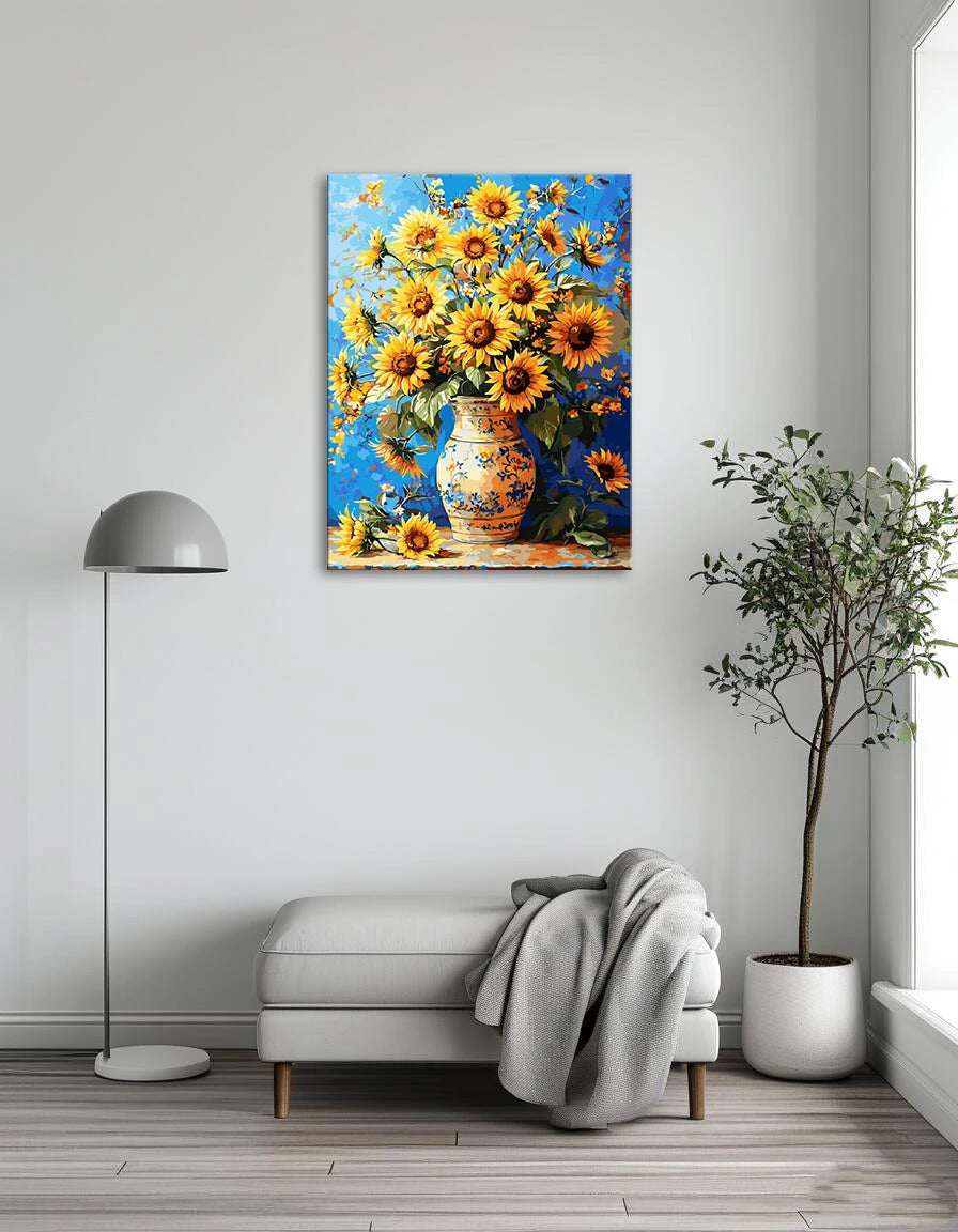 A vibrant painting of a vase filled with bright yellow sunflowers against a soft background.