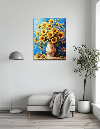 A vibrant painting of a vase filled with bright yellow sunflowers against a soft background.