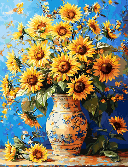 A vibrant painting of a vase filled with bright yellow sunflowers against a soft background.