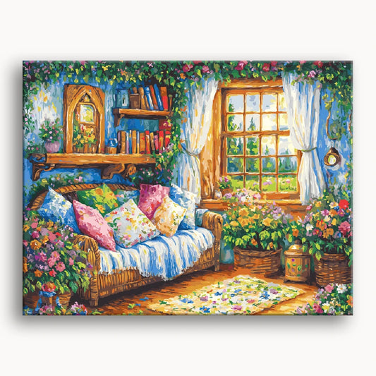 A painting depicting a cozy room featuring a couch and a vase of colorful flowers on a table.