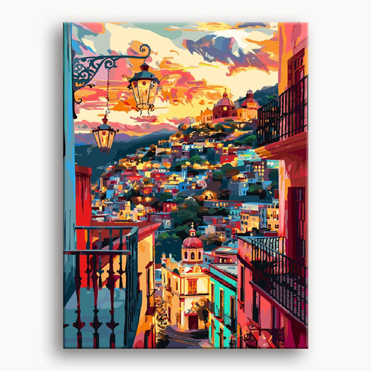 A vibrant painting of a city skyline illuminated by a colorful sunset, showcasing hues of orange, pink, and purple.