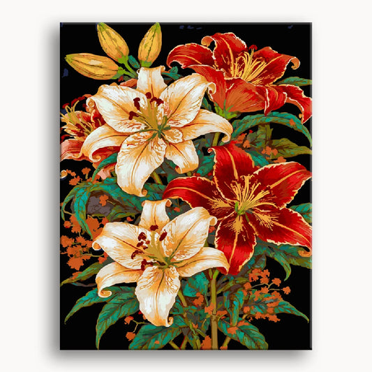 A vibrant painting featuring blooming lilies surrounded by lush green leaves.