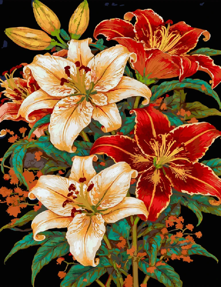 A vibrant painting featuring blooming lilies surrounded by lush green leaves.