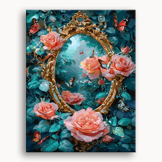 A vibrant painting featuring roses and butterflies reflected in a decorative mirror.