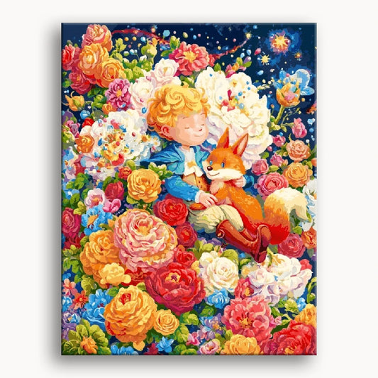 A painting of a boy sitting with a fox in a vibrant field filled with colorful flowers.