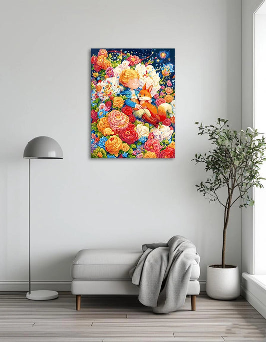 A painting of a boy sitting with a fox in a vibrant field filled with colorful flowers.