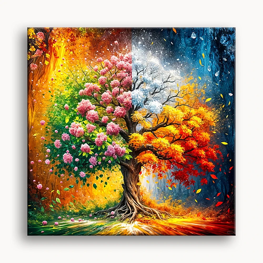 A vibrant painting of a tree adorned with colorful flowers and lush green leaves.
