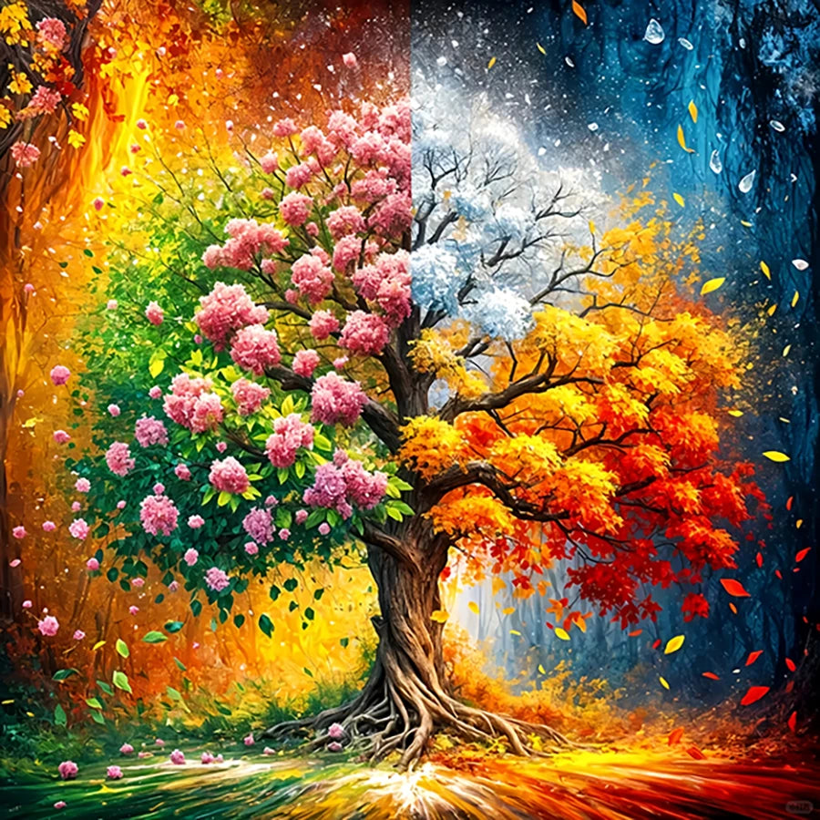 A vibrant painting of a tree adorned with colorful flowers and lush green leaves.