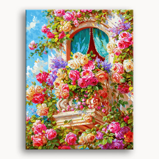 A painting depicting a window adorned with vibrant flowers and roses, creating a cheerful and inviting scene.