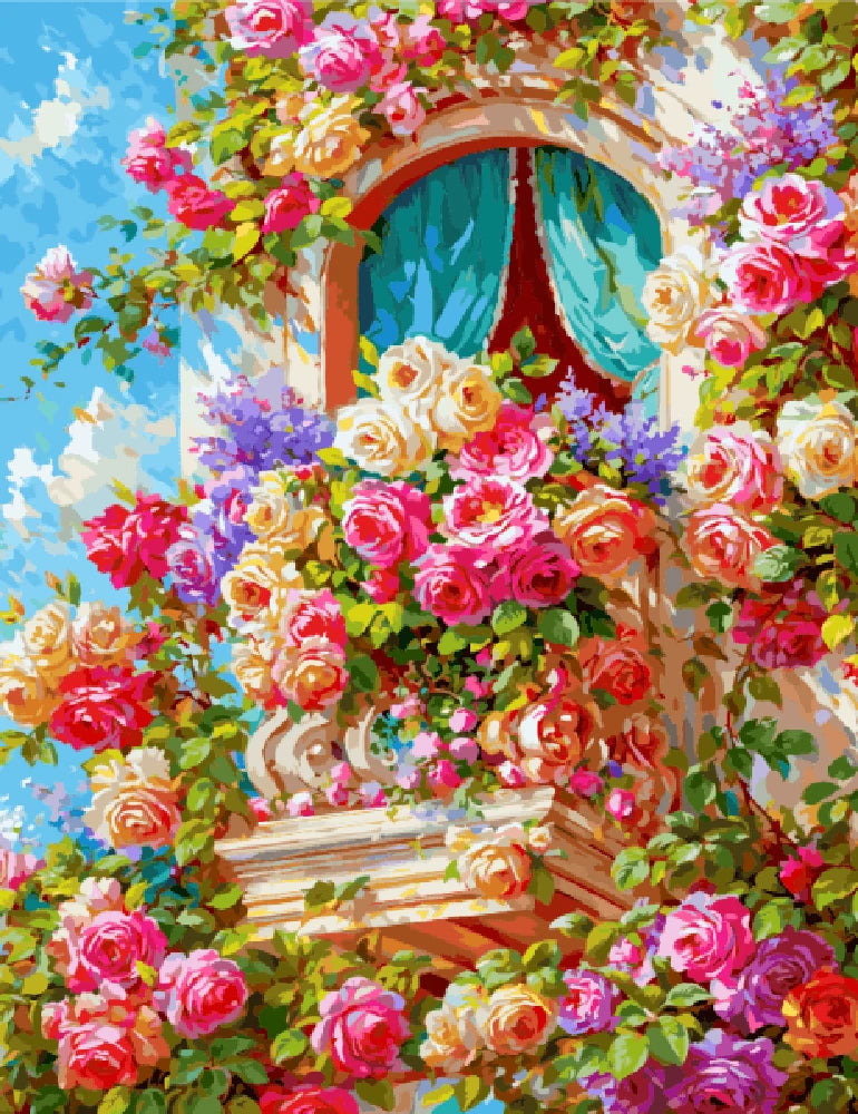 A painting depicting a window adorned with vibrant flowers and roses, creating a cheerful and inviting scene.