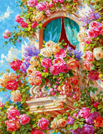 A painting depicting a window adorned with vibrant flowers and roses, creating a cheerful and inviting scene.