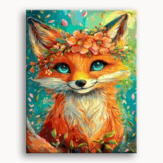 A fox adorned with colorful flowers in her hair, blending nature and whimsy in a vibrant display.