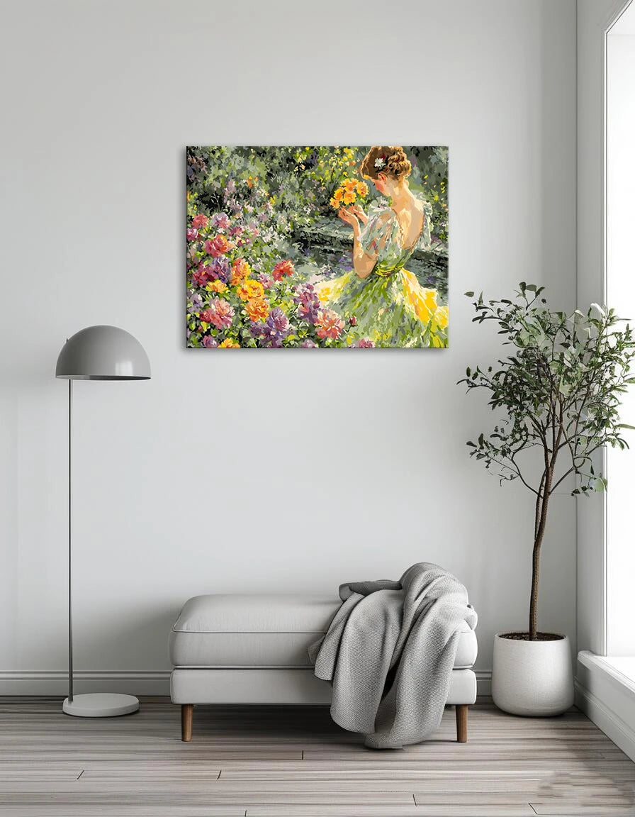 A painting of a woman in a flowing green dress, gently holding a bouquet of colorful flowers.