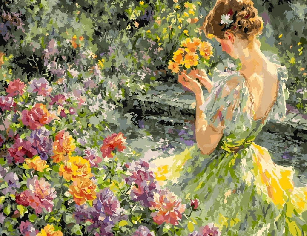 A painting of a woman in a flowing green dress, gently holding a bouquet of colorful flowers.