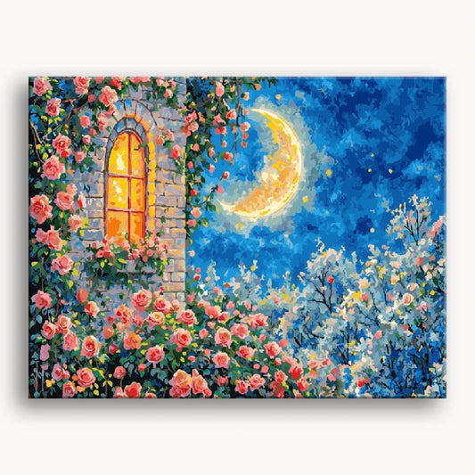 A painting featuring vibrant roses beside a window, with a glowing moon visible outside.
