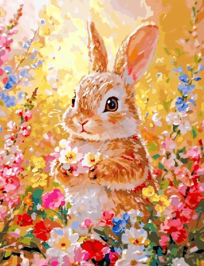 A colorful painting of a rabbit nestled among vibrant flowers in a sunny garden setting.