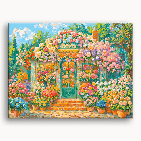 A vibrant painting of a flower shop filled with a variety of colorful flowers in an inviting display.