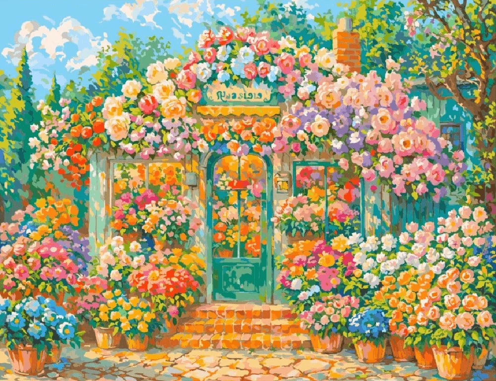 A vibrant painting of a flower shop filled with a variety of colorful flowers in an inviting display.