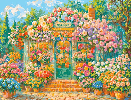 A vibrant painting of a flower shop filled with a variety of colorful flowers in an inviting display.
